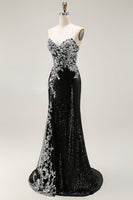 Load image into Gallery viewer, Sparkly Black Silver Strapless Sequin Mermaid Long Prom Dress