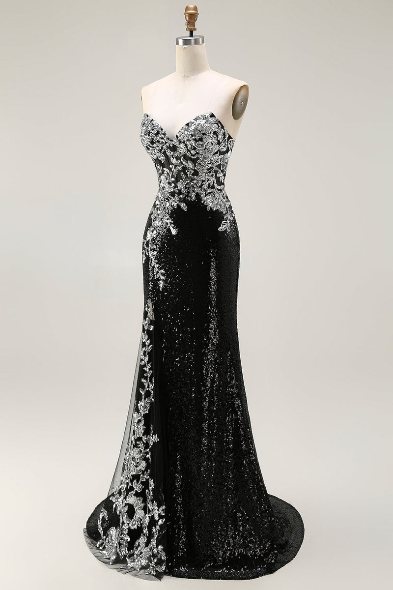 Load image into Gallery viewer, Sparkly Black Silver Strapless Sequin Mermaid Long Prom Dress