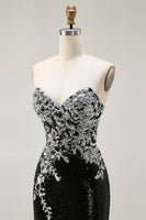Load image into Gallery viewer, Sparkly Black Silver Strapless Sequin Mermaid Long Prom Dress