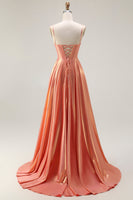 Load image into Gallery viewer, Sparkly Orange Corset Spaghetti Straps Metallic Long Prom Dress