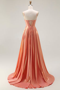 Sparkly Orange Corset Spaghetti Straps Metallic Long Prom Dress
