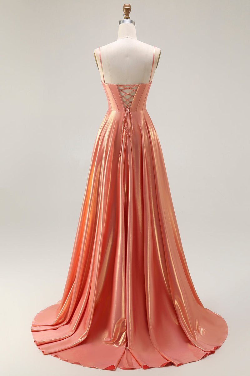 Load image into Gallery viewer, Sparkly Orange Corset Spaghetti Straps Metallic Long Prom Dress