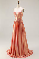 Load image into Gallery viewer, Sparkly Orange Corset Spaghetti Straps Metallic Long Prom Dress