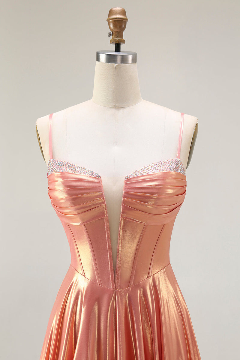 Load image into Gallery viewer, Sparkly Orange Corset Spaghetti Straps Metallic Long Prom Dress