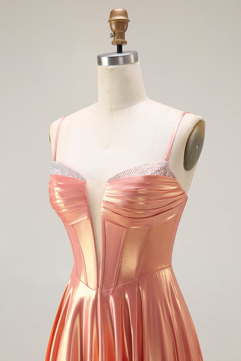 Load image into Gallery viewer, Sparkly Orange Corset Spaghetti Straps Metallic Long Prom Dress