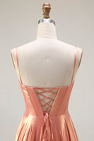 Load image into Gallery viewer, Sparkly Orange Corset Spaghetti Straps Metallic Long Prom Dress