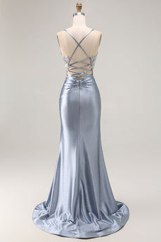 Sparkly Grey Blue Mermaid Beaded Long Corset Prom Dress with Appliques