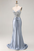 Load image into Gallery viewer, Sparkly Grey Blue Mermaid Beaded Long Corset Prom Dress with Appliques