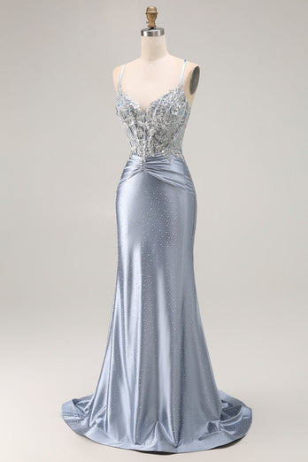 Sparkly Grey Blue Mermaid Beaded Long Corset Prom Dress with Appliques
