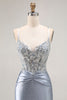 Load image into Gallery viewer, Sparkly Grey Blue Mermaid Beaded Long Corset Prom Dress with Appliques