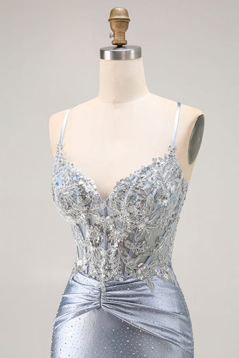 Sparkly Grey Blue Mermaid Beaded Long Corset Prom Dress with Appliques