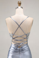 Load image into Gallery viewer, Sparkly Grey Blue Mermaid Beaded Long Corset Prom Dress with Appliques