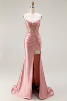 Load image into Gallery viewer, Sparkly Blush Beaded Corset Mermaid Long Prom Dress with Slit