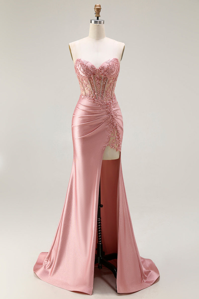 Load image into Gallery viewer, Sparkly Blush Beaded Corset Mermaid Long Prom Dress with Slit