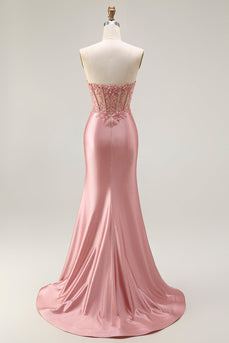 Sparkly Blush Beaded Corset Mermaid Long Prom Dress with Slit