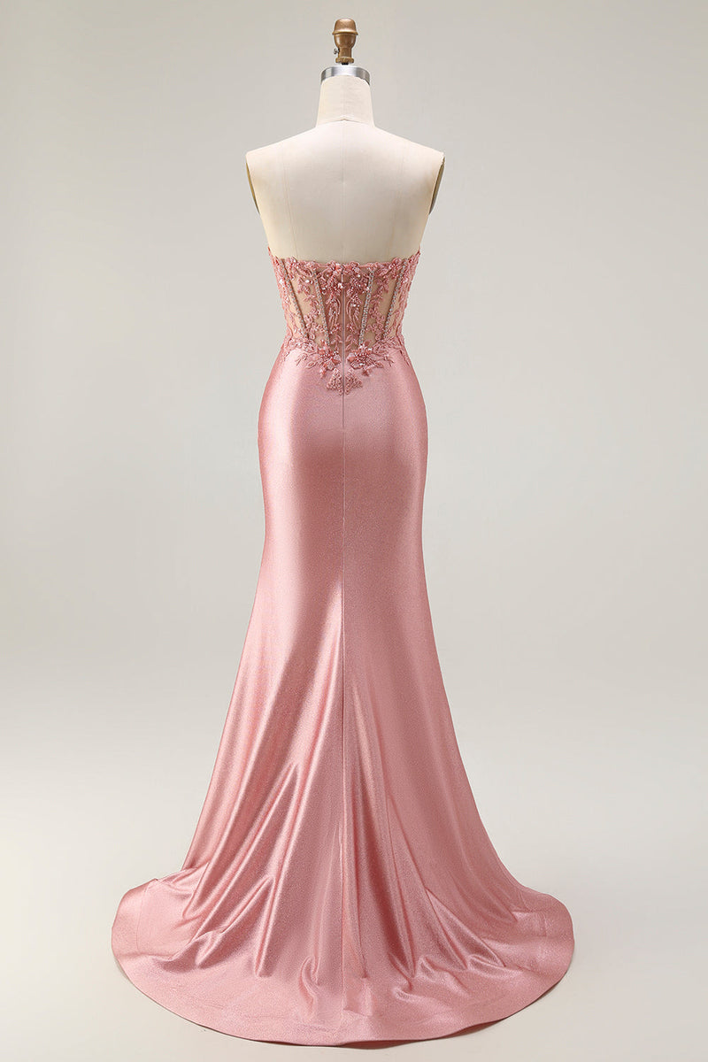 Load image into Gallery viewer, Sparkly Blush Beaded Corset Mermaid Long Prom Dress with Slit