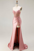Load image into Gallery viewer, Sparkly Blush Beaded Corset Mermaid Long Prom Dress with Slit