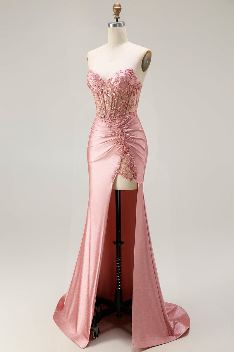 Load image into Gallery viewer, Sparkly Blush Beaded Corset Mermaid Long Prom Dress with Slit