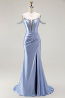 Load image into Gallery viewer, Sparkly Blue Mermaid Cold Shoulder Corset Long Prom Dress with Detachable Cape