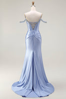 Load image into Gallery viewer, Sparkly Blue Mermaid Cold Shoulder Corset Long Prom Dress with Detachable Cape