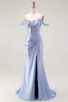 Load image into Gallery viewer, Sparkly Blue Mermaid Cold Shoulder Corset Long Prom Dress with Detachable Cape
