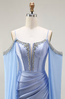 Load image into Gallery viewer, Sparkly Blue Mermaid Cold Shoulder Corset Long Prom Dress with Detachable Cape