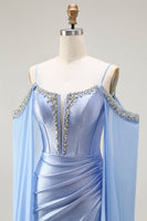 Load image into Gallery viewer, Sparkly Blue Mermaid Cold Shoulder Corset Long Prom Dress with Detachable Cape