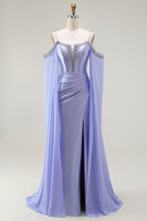 Load image into Gallery viewer, Sparkly Lilac Mermaid Cold Shoulder Corset Long Prom Dress with Detachable Cape