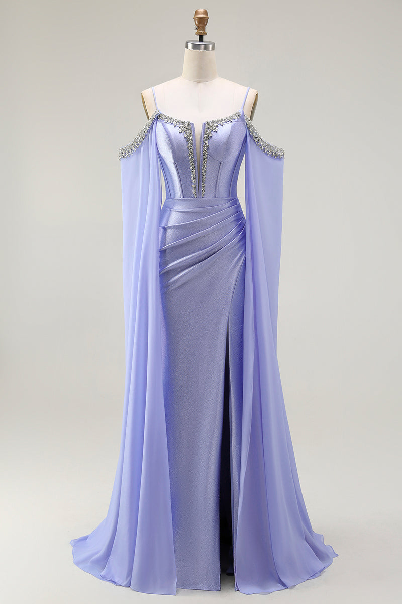 Load image into Gallery viewer, Sparkly Lilac Mermaid Cold Shoulder Corset Long Prom Dress with Detachable Cape