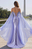 Load image into Gallery viewer, Sparkly Lilac Mermaid Cold Shoulder Corset Long Prom Dress with Detachable Cape