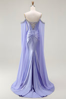 Load image into Gallery viewer, Sparkly Lilac Mermaid Cold Shoulder Corset Long Prom Dress with Detachable Cape