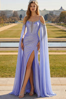 Load image into Gallery viewer, Sparkly Lilac Mermaid Cold Shoulder Corset Long Prom Dress with Detachable Cape