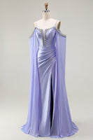 Load image into Gallery viewer, Sparkly Lilac Mermaid Cold Shoulder Corset Long Prom Dress with Detachable Cape