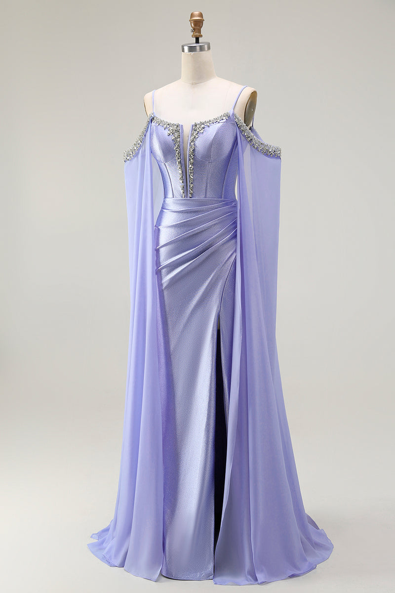 Load image into Gallery viewer, Sparkly Lilac Mermaid Cold Shoulder Corset Long Prom Dress with Detachable Cape