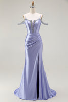 Load image into Gallery viewer, Sparkly Lilac Mermaid Cold Shoulder Corset Long Prom Dress with Detachable Cape
