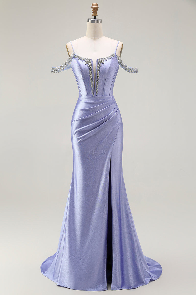 Load image into Gallery viewer, Sparkly Lilac Mermaid Cold Shoulder Corset Long Prom Dress with Detachable Cape
