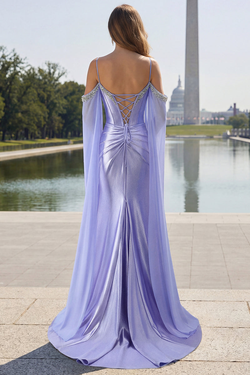 Load image into Gallery viewer, Sparkly Lilac Mermaid Cold Shoulder Corset Long Prom Dress with Detachable Cape