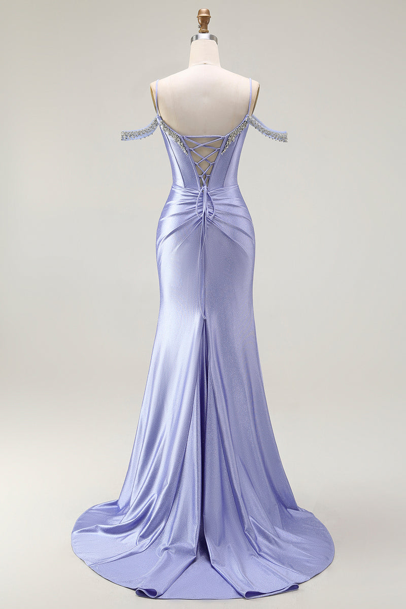 Load image into Gallery viewer, Sparkly Lilac Mermaid Cold Shoulder Corset Long Prom Dress with Detachable Cape