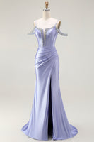 Load image into Gallery viewer, Sparkly Lilac Mermaid Cold Shoulder Corset Long Prom Dress with Detachable Cape