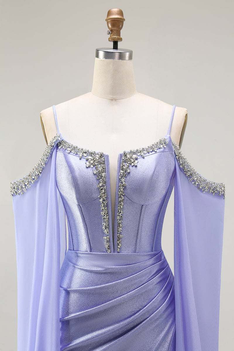 Load image into Gallery viewer, Sparkly Lilac Mermaid Cold Shoulder Corset Long Prom Dress with Detachable Cape