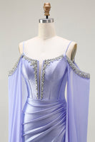 Load image into Gallery viewer, Sparkly Lilac Mermaid Cold Shoulder Corset Long Prom Dress with Detachable Cape