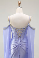 Load image into Gallery viewer, Sparkly Lilac Mermaid Cold Shoulder Corset Long Prom Dress with Detachable Cape