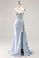 Load image into Gallery viewer, Sparkly Light Blue Satin Mermaid Long Corset Prom Dress with Slit