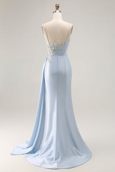 Sparkly Light Blue Satin Mermaid Long Corset Prom Dress with Slit