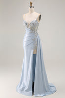 Load image into Gallery viewer, Sparkly Light Blue Satin Mermaid Long Corset Prom Dress with Slit