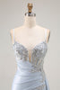 Load image into Gallery viewer, Sparkly Light Blue Satin Mermaid Long Corset Prom Dress with Slit