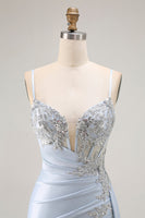 Load image into Gallery viewer, Sparkly Light Blue Satin Mermaid Long Corset Prom Dress with Slit