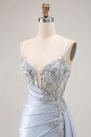 Load image into Gallery viewer, Sparkly Light Blue Satin Mermaid Long Corset Prom Dress with Slit