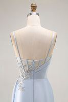 Load image into Gallery viewer, Sparkly Light Blue Satin Mermaid Long Corset Prom Dress with Slit