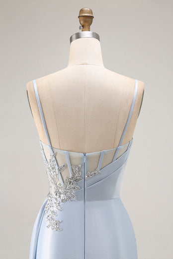 Sparkly Light Blue Satin Mermaid Long Corset Prom Dress with Slit